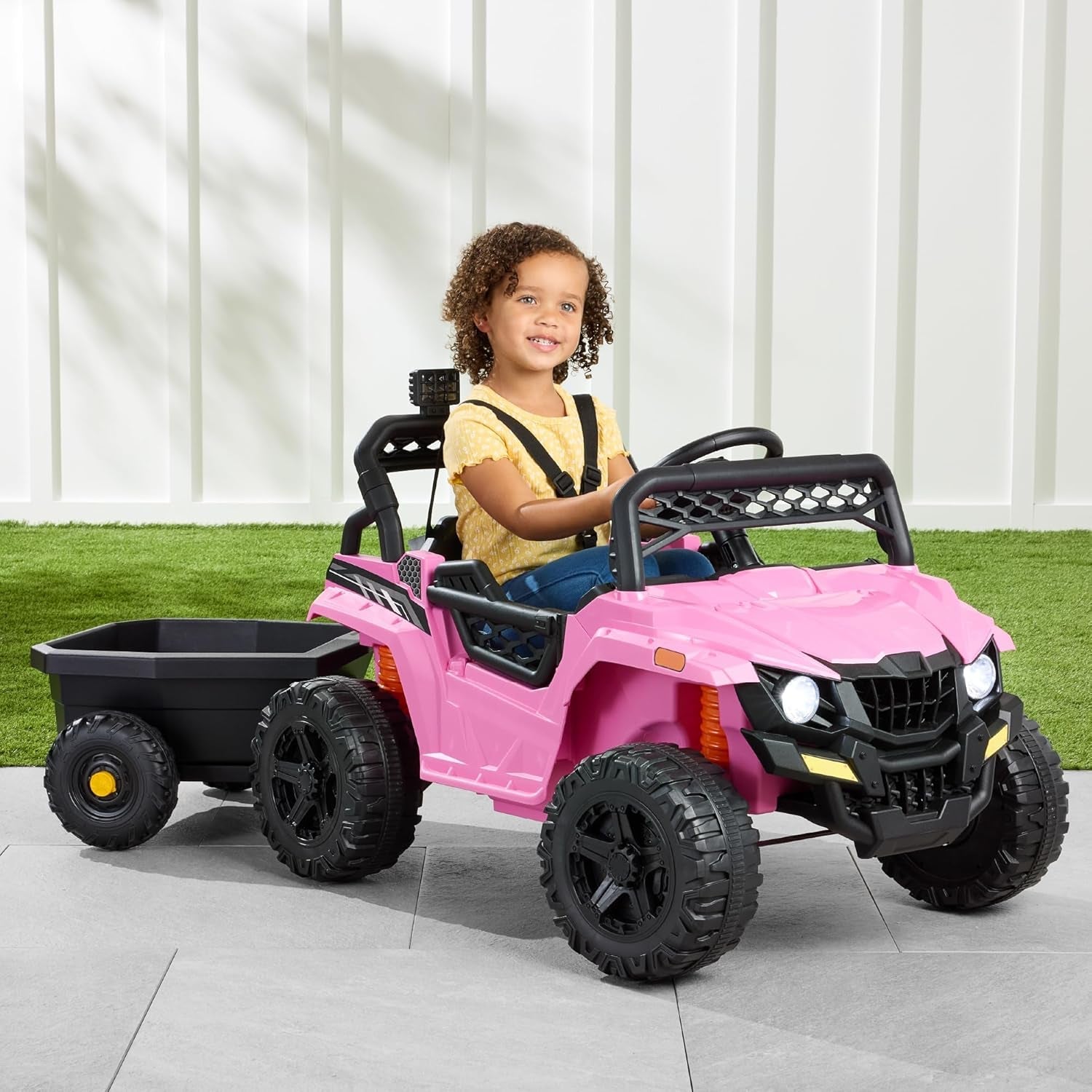 Kids 12V Electric Ride on UTV Car and Trailer W/Parent Control, LED Lights, 2 Speeds, Bluetooth - Black