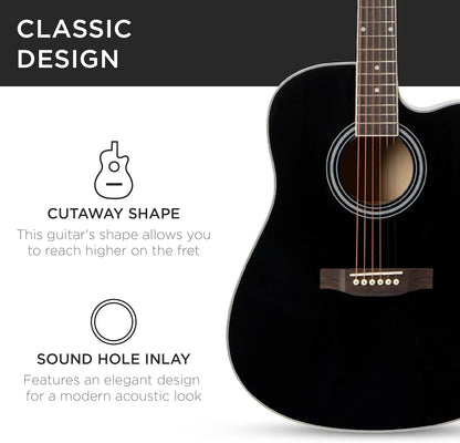 41In Beginner Acoustic Guitar Full Size All Wood Cutaway Guitar Starter Set Bundle with Case, Strap, Capo, Strings, Picks - Black