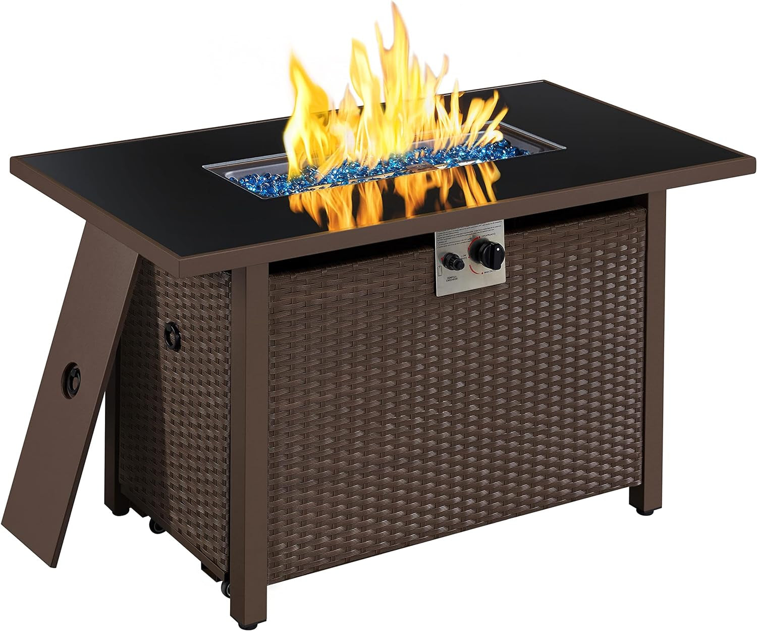 43 in Propane Fire Pit 50,000 BTU Outdoor Gas Fire Pit Table with Tempered Glass Tabletop and Rattan Wicker Base, Rectangle Fire Table for Patio Deck Party Gathering W/Rain Cover, Brown