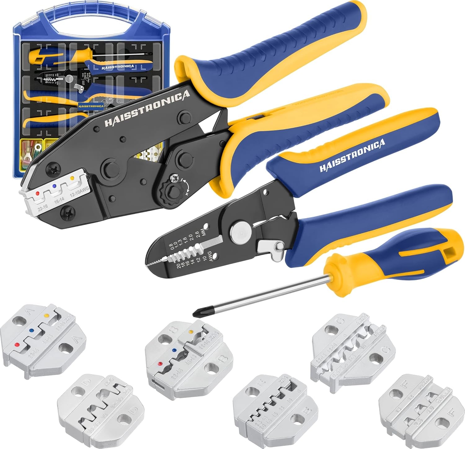 Crimping Tool Set - 6PCS Crimping Die for Heat Shrink,Insulated Nylon,Non-Insulated,Ferrule Wire End,Open Barrel Terminals,Solar Connectors - with Wire Stripper Tool and Screwdriver