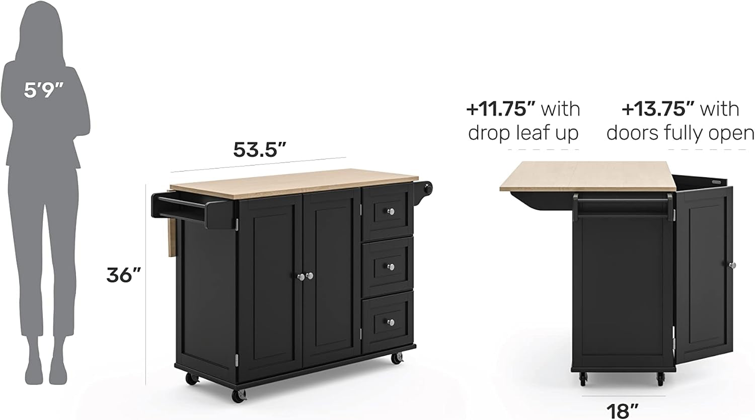 Dolly Madison Kitchen Cart with Wood Top and Drop Leaf Breakfast Bar, Rolling Mobile Kitchen Island with Storage and Towel Rack, 54 Inch Width, Black