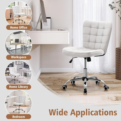 Armless Desk Chair Modern Tufted Office Chair Faux Leather Upholstered Computer Chair with Adjustable Seat Height and Rolling Wheels for Home/Office, White