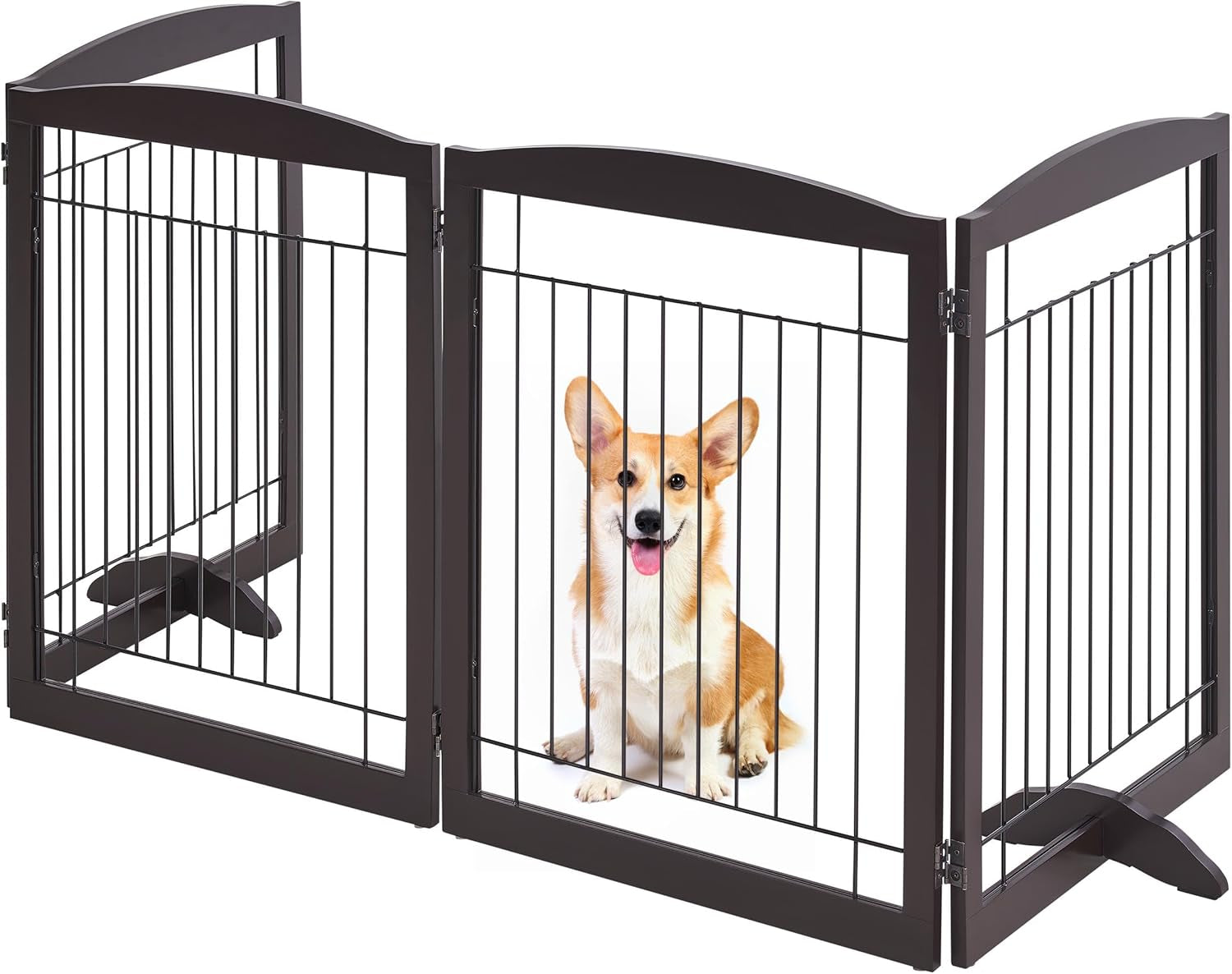 32-Inch Tall Dog Gate Extra Wide Pet Gate for Dogs Indoor Foldable Wire &amp; Wooden Puppy Safety Fence W/2 Support Feet,Freestanding Dog Gate for the House, Doorway, Stairs(Espresso,4 Panels)