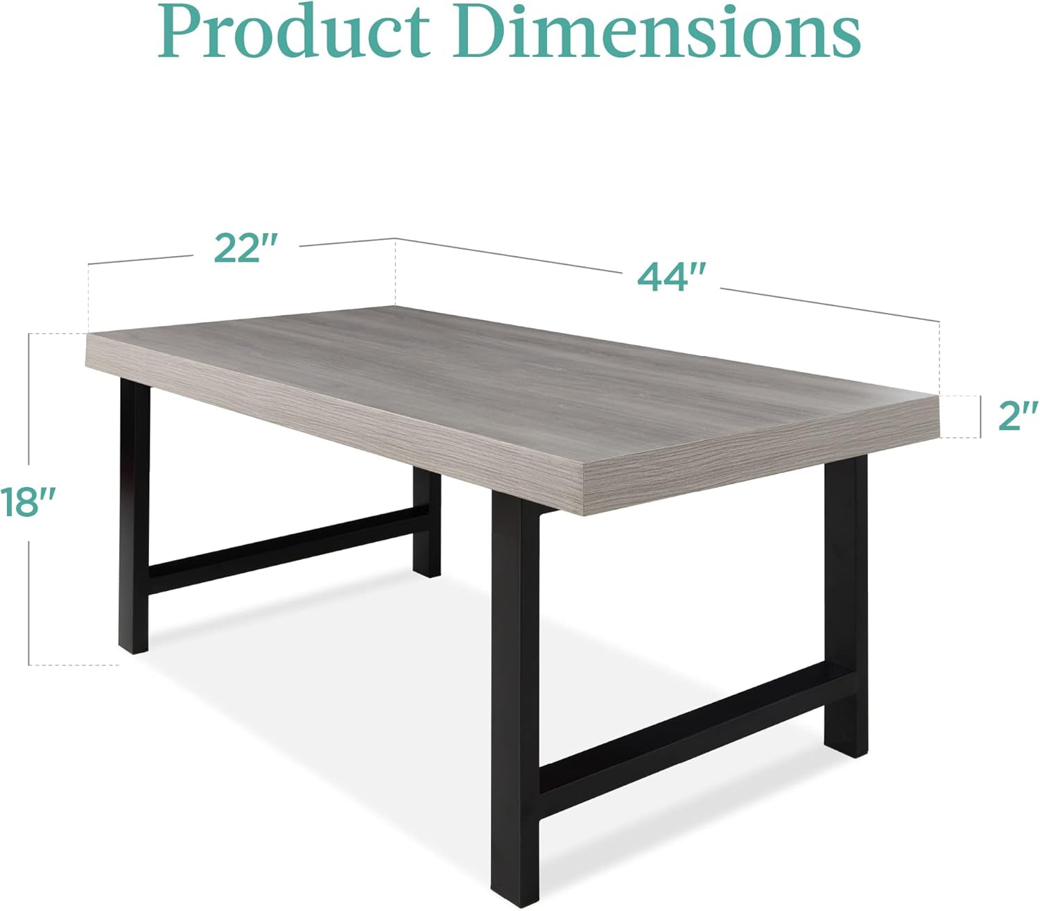 44In Modern Coffee Table Butcher Block Top Large Accent Table, Rectangular Wood Industrial Rustic Coffee Table for Living Room W/ 2In Metal Legs, 3In Tabletop - Gray