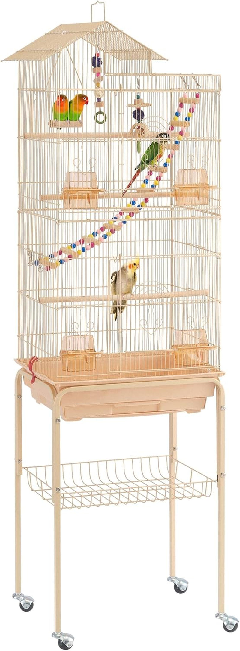 Bird Cage 64-Inch Play Open Top Medium Small Parrot Parakeet Bird Cages with Detachable Rolling Stand for Parrot Lovebirds Finches Parakeets Budgie Parrotlet Conures, Pet Flight Birdcage