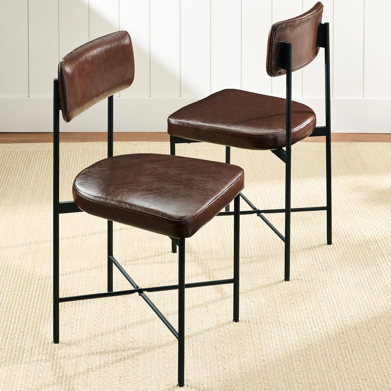 Faux Leather Dining Chair Set of 2, Standard Height, Metal Frame Padded Cushions for Kitchen and Dining - Mocha Brown