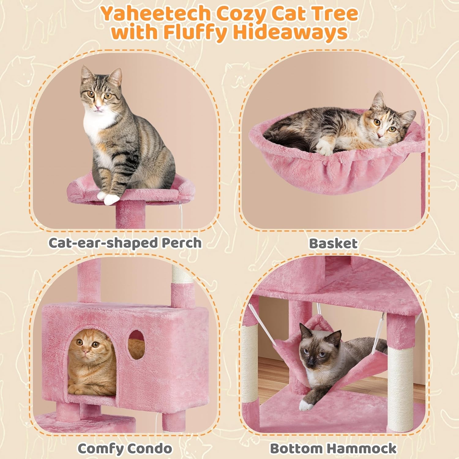 Multi-Level Cat Tree, Large Cat Tower with Condos Platform 64In, Cat House Cat Tree for Medium Cats Pink