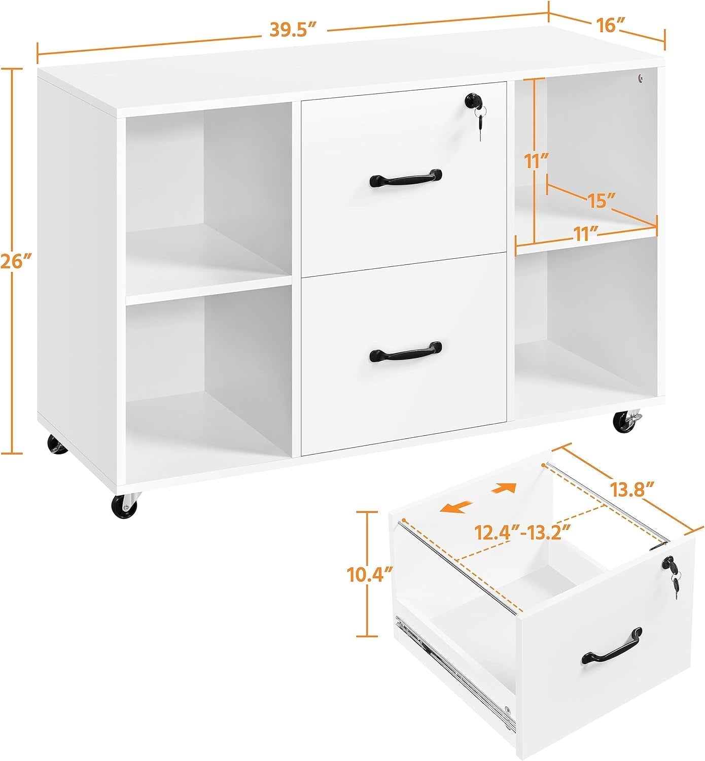 White File Cabinet Mobile Letter Size File Cabinet with 2 Drawers and 4 Open Storage Shelves Large Mobile Lateral Filing Cabinet Printer Stand for Home and Office