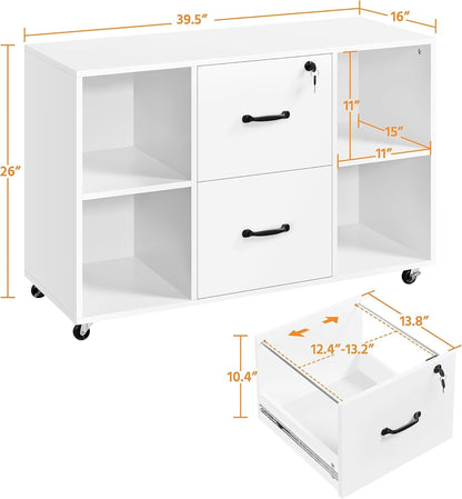 White File Cabinet Mobile Letter Size File Cabinet with 2 Drawers and 4 Open Storage Shelves Large Mobile Lateral Filing Cabinet Printer Stand for Home and Office