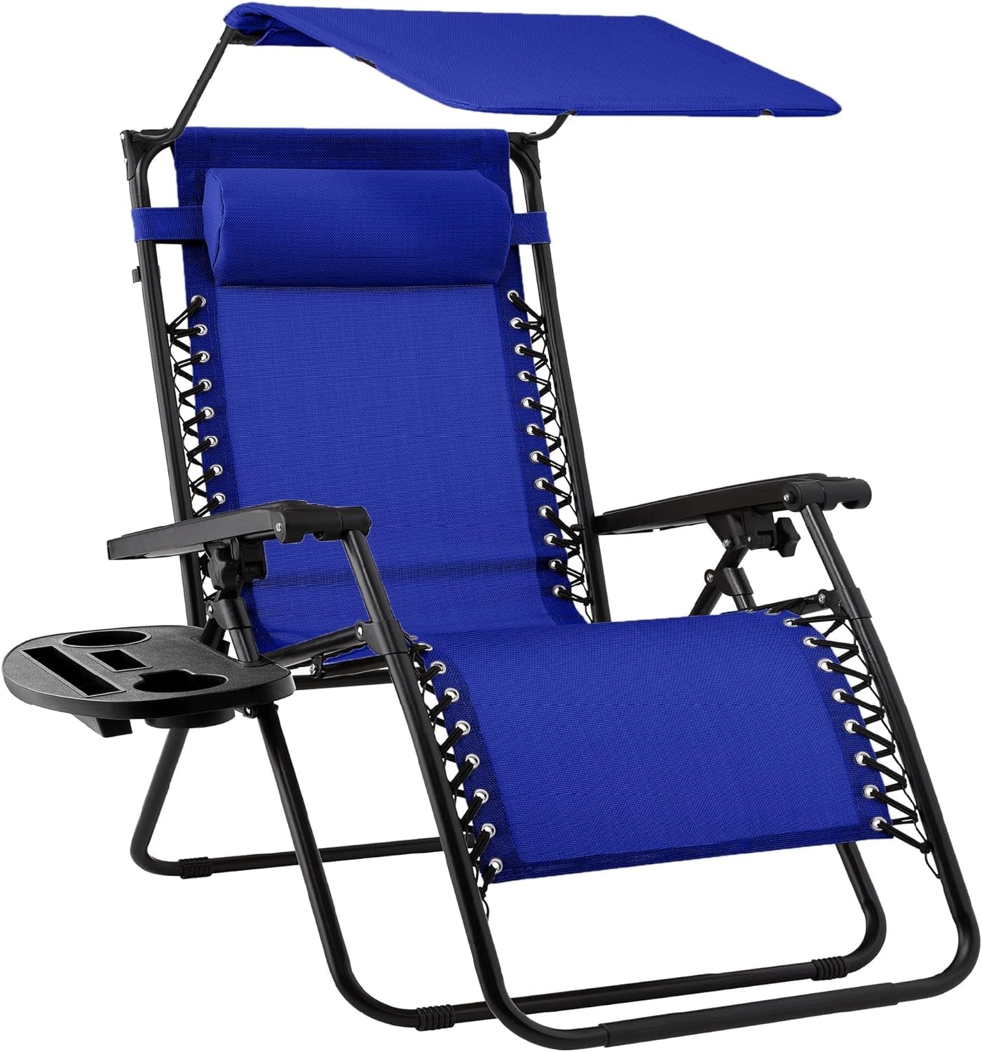 Folding Zero Gravity Outdoor Recliner Patio Lounge Chair W/Adjustable Canopy Shade, Headrest, Side Accessory Tray, Textilene Mesh - Navy Blue