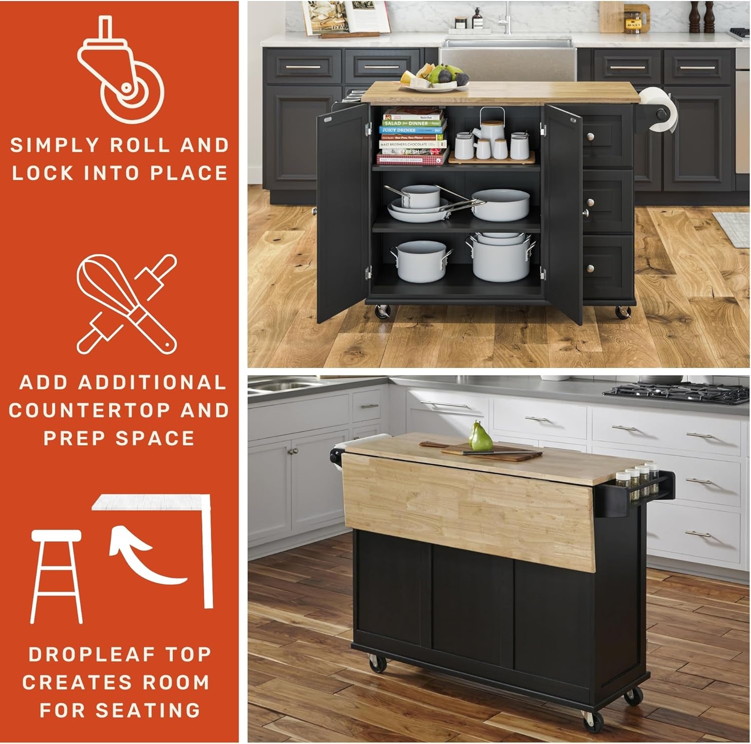 Dolly Madison Kitchen Cart with Wood Top and Drop Leaf Breakfast Bar, Rolling Mobile Kitchen Island with Storage and Towel Rack, 54 Inch Width, Black