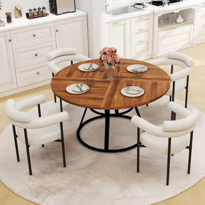 47” round Dining Table Set for 4, Small round Kitchen Table with 4 Boucle Dinner Chairs, Modern Circle 5 Piece Dining Table with Steel Legs (White)