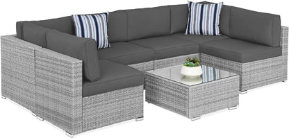 7-Piece Modular Outdoor Sectional Wicker Patio Conversation Set W/ 2 Pillows, Coffee Table, Cover Included - Gray/Navy