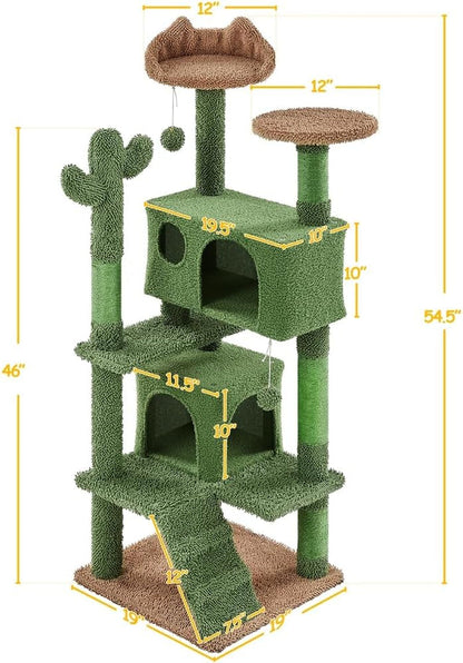 Cactus Cat Tree, 54.5In Cat Tower for Indoor Cats, Multi-Level Cat Condo with Scratching Posts, Ramp, Perch, Platform &amp; Hanging Ball, Cat Furniture Activity Center for Kitten House Play