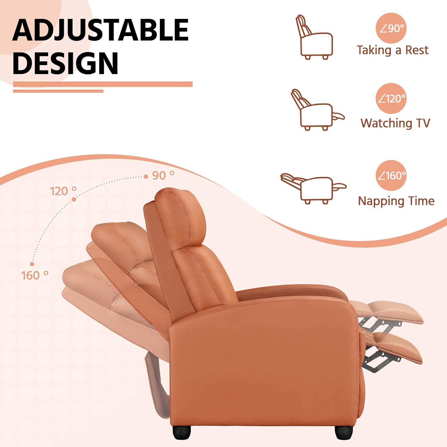 Recliner Chair PU Leather Recliner Sofa Home Theater Seating with Lumbar Support Overstuffed High-Density Sponge Push Tan Recliners