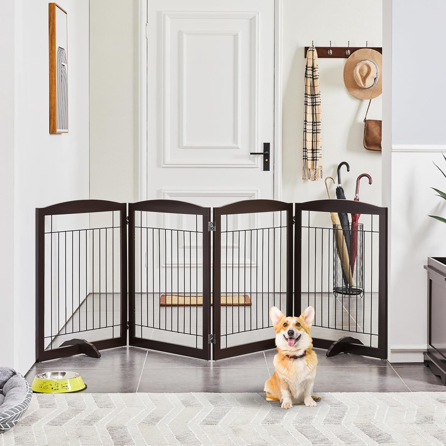 32-Inch Tall Dog Gate Extra Wide Pet Gate for Dogs Indoor Foldable Wire &amp; Wooden Puppy Safety Fence W/2 Support Feet,Freestanding Dog Gate for the House, Doorway, Stairs(Espresso,4 Panels)