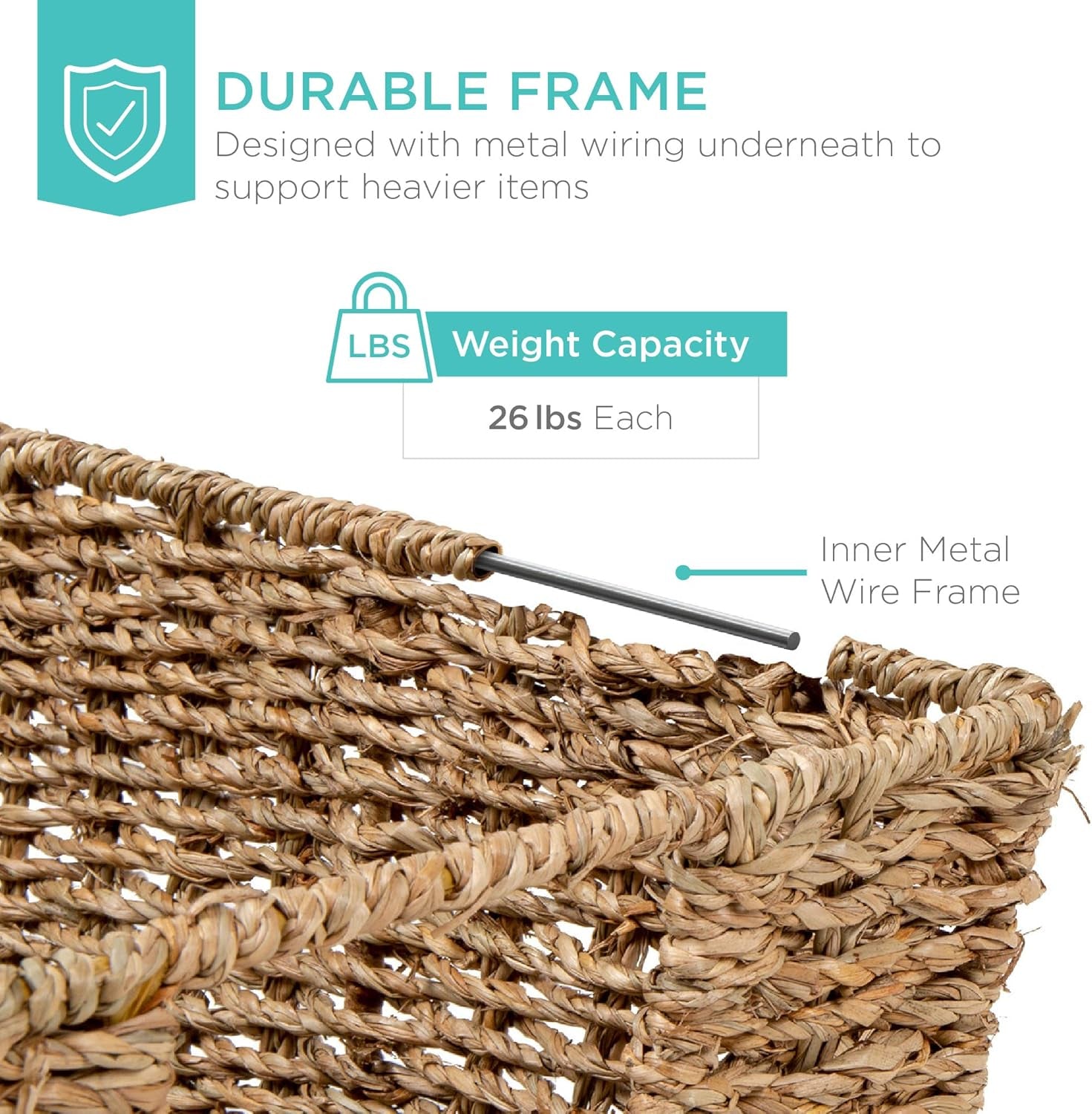 Rustic Set of 4 Multipurpose Stackable Seagrass Storage Basket, Handwoven Laundry Organizer Totes for Bedroom and Living Room, Shelves, Pantry W/Insert Handles - Natural