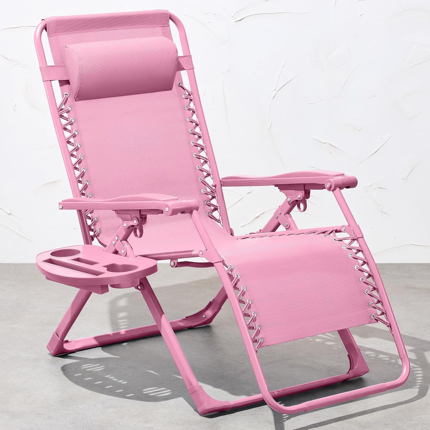 Adjustable Zero Gravity Chair, Monochromatic Color Folding Patio Recliner W/Side Tray, Headrest - Hot Pink