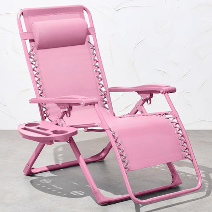 Adjustable Zero Gravity Chair, Monochromatic Color Folding Patio Recliner W/Side Tray, Headrest - Hot Pink