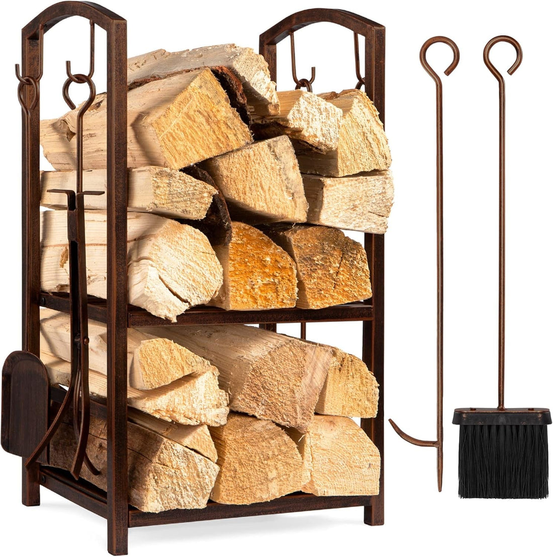 5-Piece Indoor Outdoor Wrought Iron Firewood Log Storage Rack Holder Firepit Tools Set for Fireplace, Fire Pit, Stove W/Hook, Broom, Shovel, Tongs - Copper