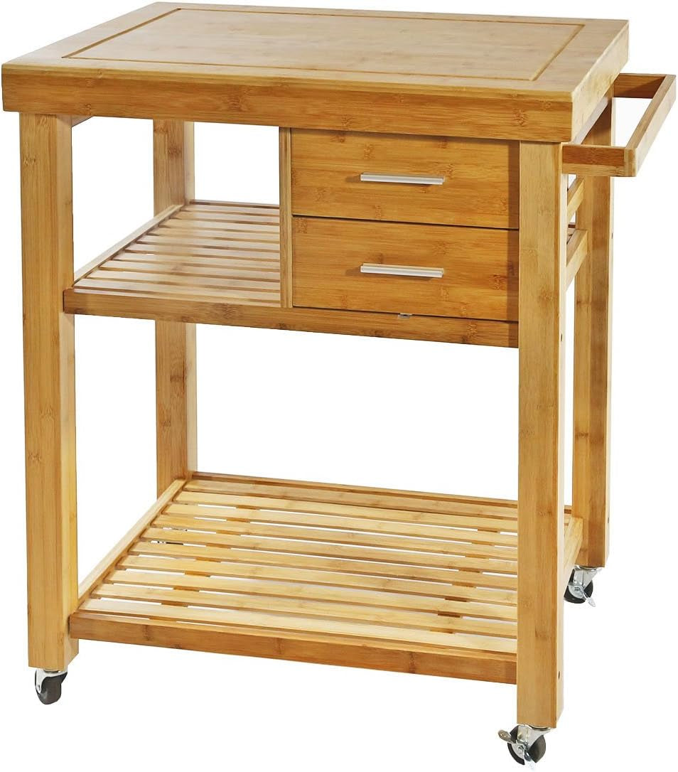 Rolling Kitchen Island Cart with Drawers Shelves, Towel Rack, Locking Casters, Butcher Block Food Prepping Cart Trolley on Wheels, Bamboo Wood