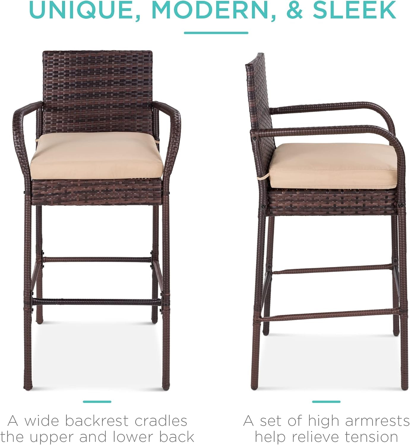 Set of 2 Wicker Bar Stools, Indoor Outdoor Bar Height Chairs W/Cushion, Footrests, Armrests for Backyard, Patio, Pool, Garden, Deck - Brown