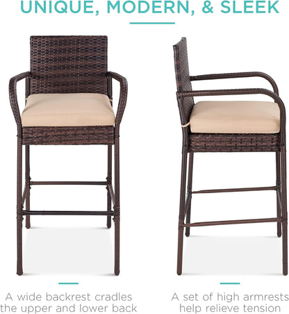 Set of 2 Wicker Bar Stools, Indoor Outdoor Bar Height Chairs W/Cushion, Footrests, Armrests for Backyard, Patio, Pool, Garden, Deck - Brown