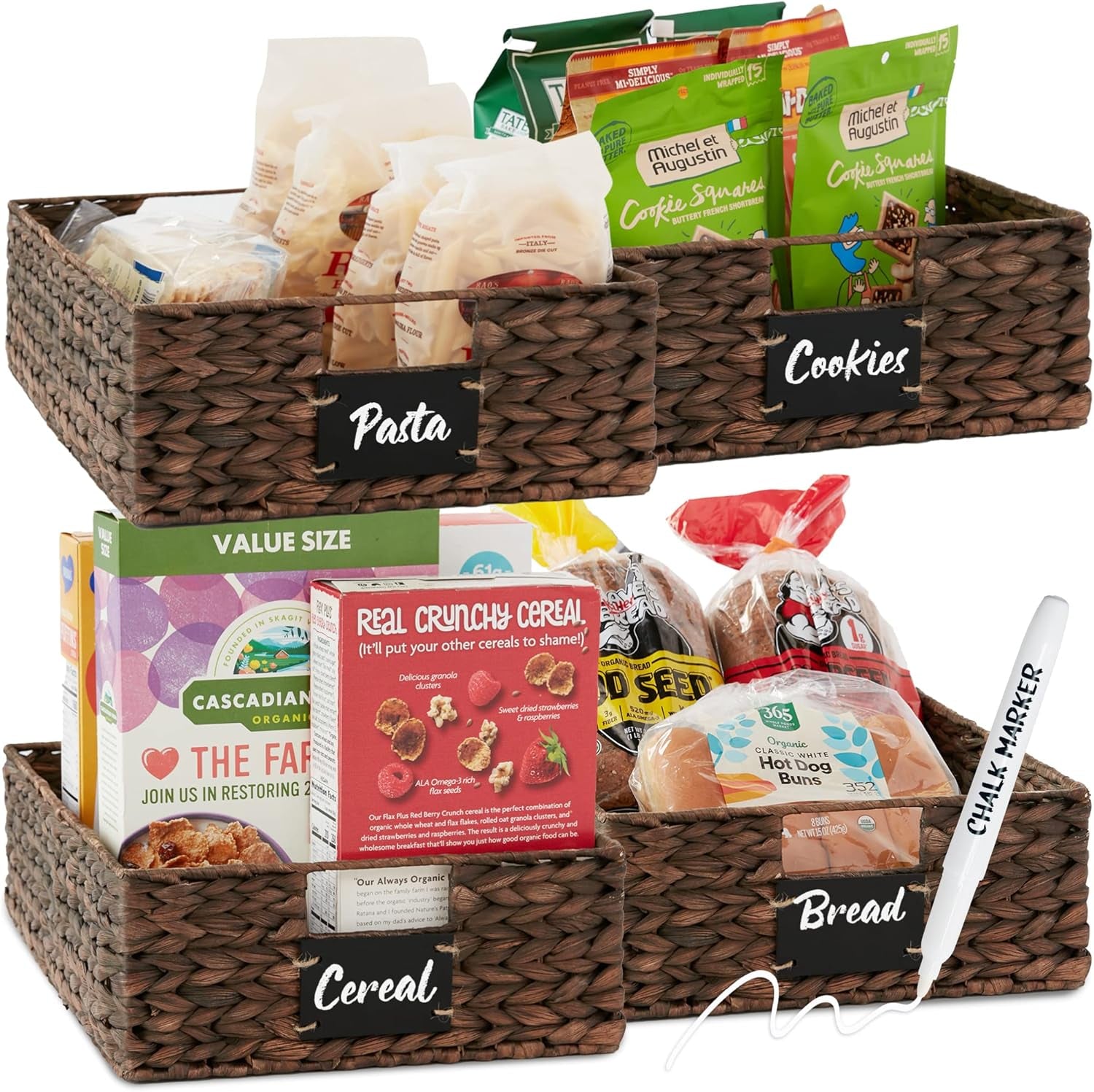 Set of 4 9X12In Water Hyacinth Pantry Baskets, Woven Kitchen Organizers W/Chalkboard Label, Chalk Marker - Natural