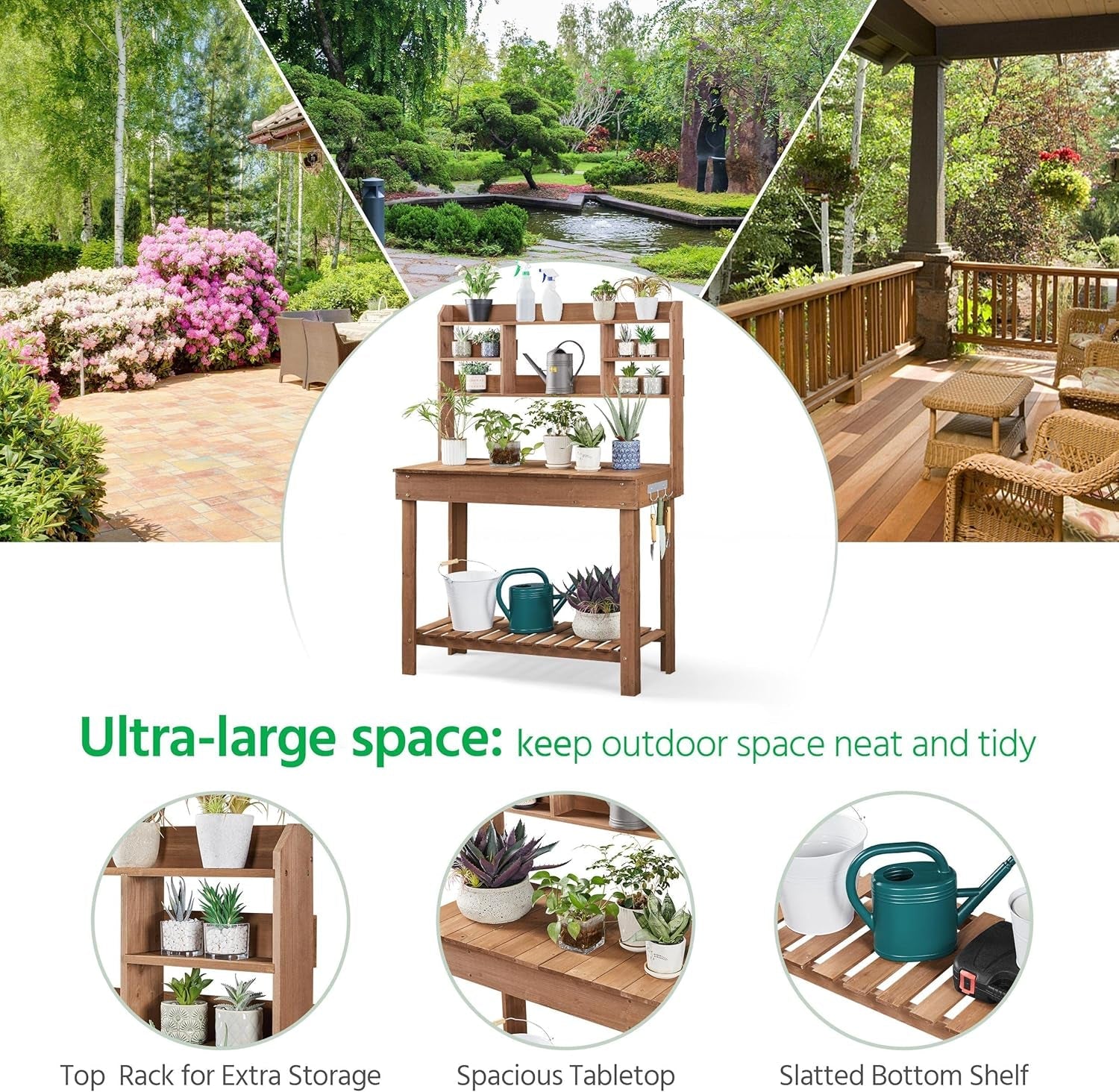 Potting Bench Table Horticulture Germination Table &amp; Outdoor Garden Work Bench Platform W/Display Rack/Storage Shelf/Hanger/Thoughtful Sink Brown