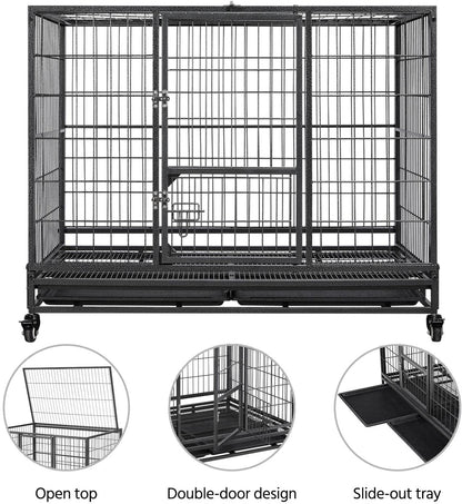 42-Inch Dog Crate Heavy Duty Metal Dog Crate for the House Indoor Dog Kennel for Small/Medium/Large Dogs W/Double Doors &amp; Locks &amp; Double Tray &amp; Lockable Wheels Pet Cage Black