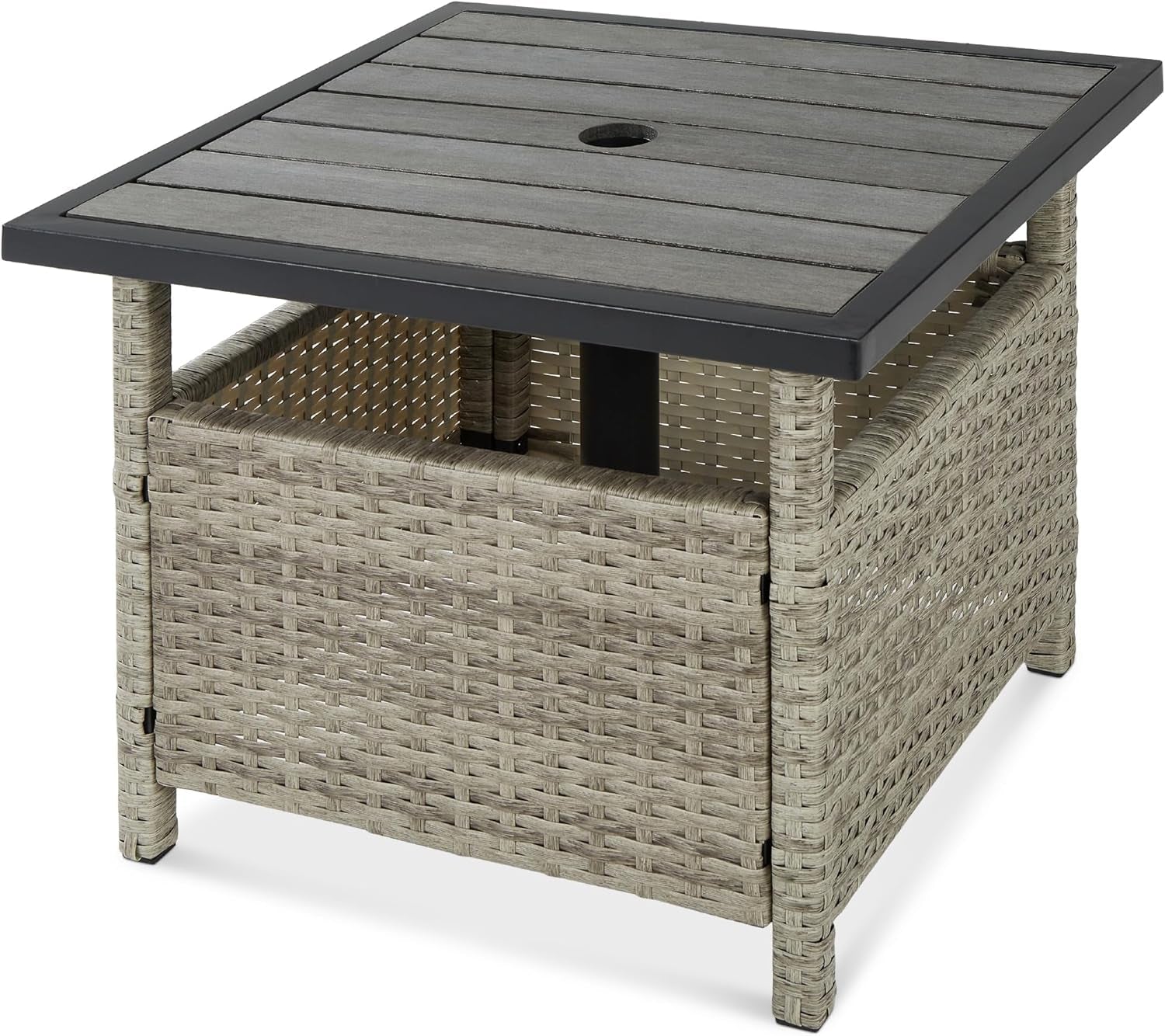 Wicker Side Table with Umbrella Hole, Square PE Rattan Outdoor End Table for Patio, Garden, Poolside, Deck W/Uv-Resistant Frame, Storage Space - Brown