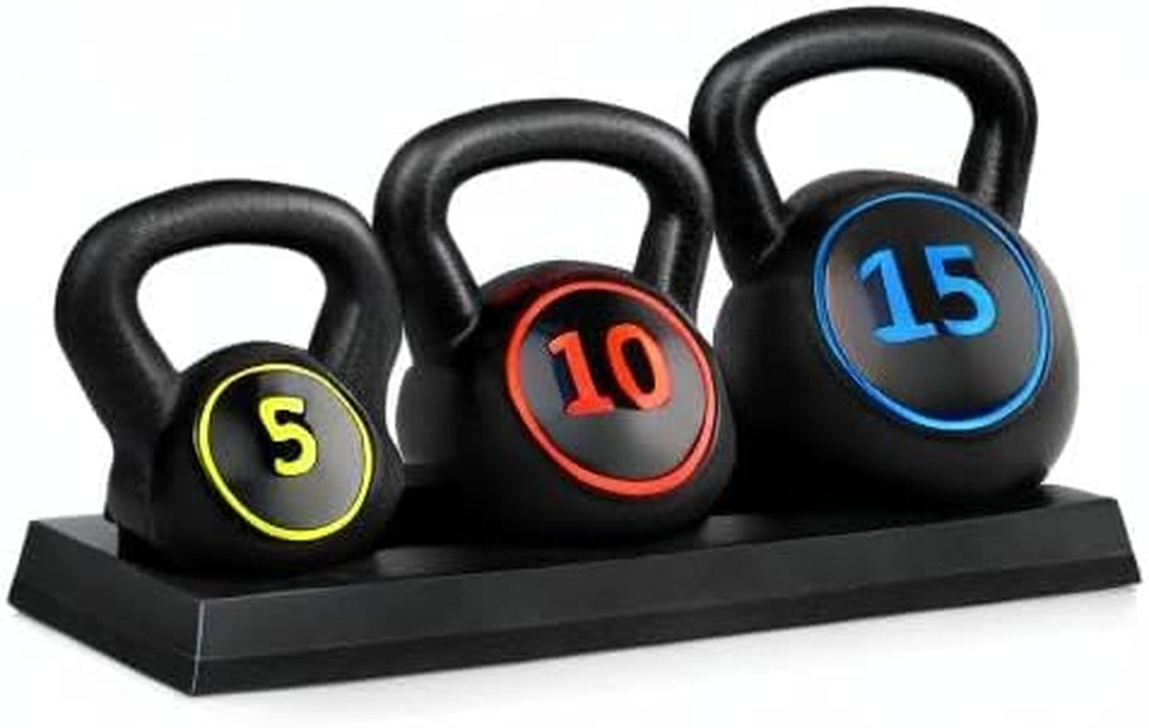 3-Piece Kettlebell Set with Storage Rack, HDPE Coated Exercise Fitness Concrete Weights for Home Gym, Strength Training, HIIT Workout 5Lb, 10Lb, 15Lb