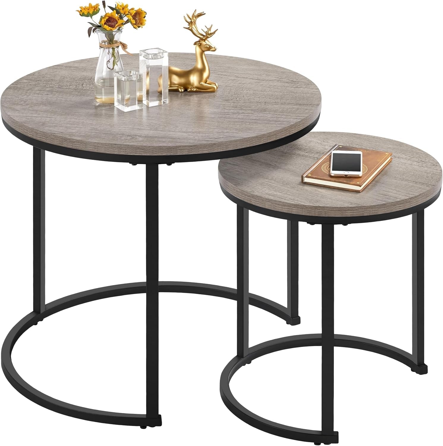 Nesting Coffee Table Set of 2, Nesting Table, Rustic Stacking Side Tables, Nesting End Table Set W/Round Wooden Tabletop and Sturdy Metal Base for Living Room,Small Space, Gray