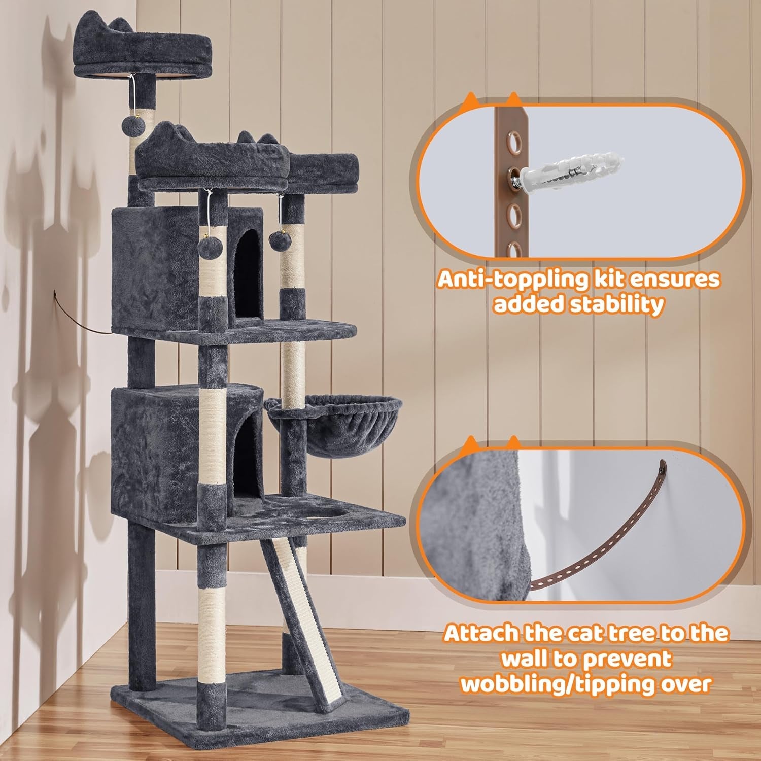 68.5In Multi-Level Large Cat Condo with Sisal-Covered Platforms Scratching Board &amp; Scratching Posts, Cozy Perches, Stable Cat Tower/Tree Pet Play House, Dark Gray