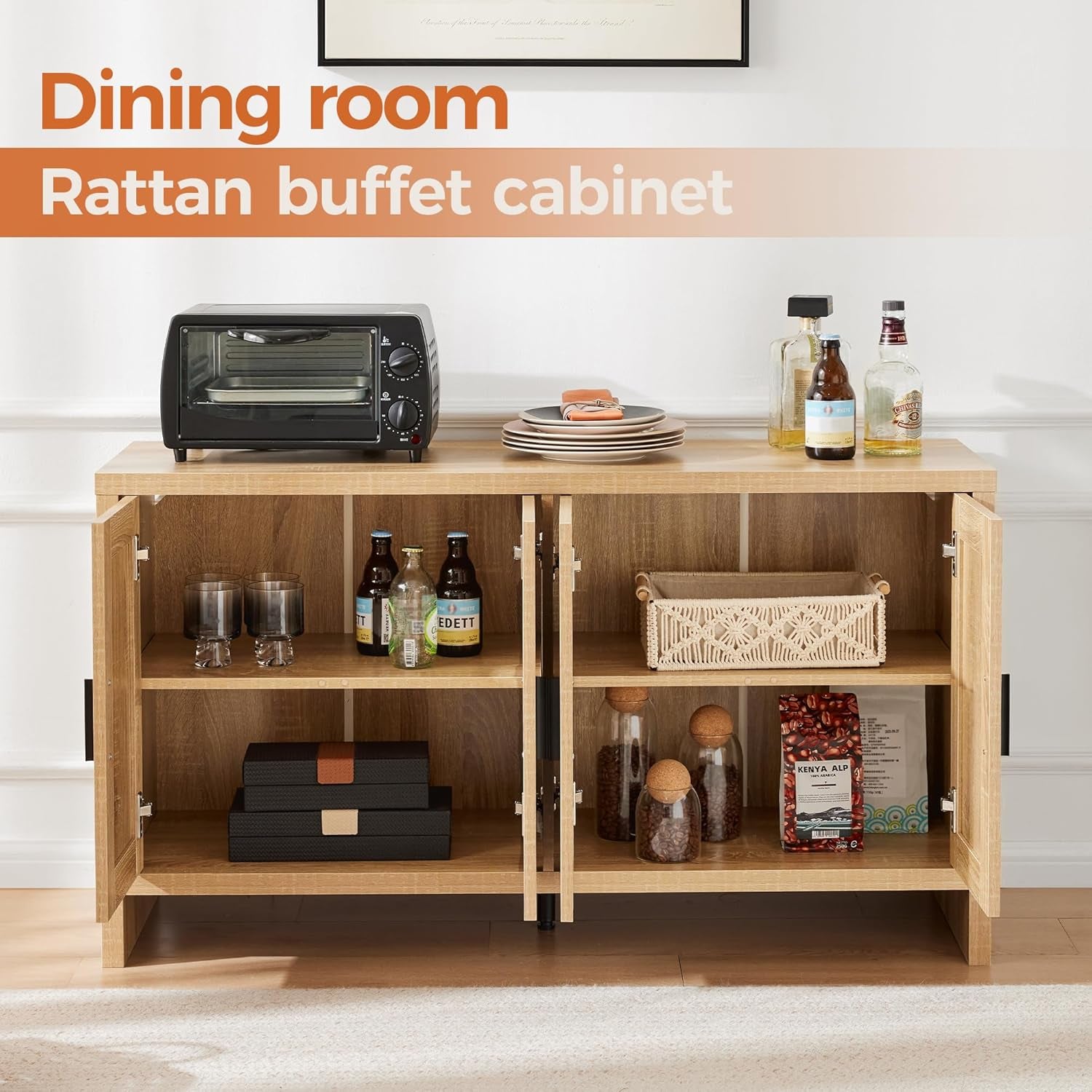 Rattan Buffet Cabinet with Storage, Sideboard Cabinet with Doors and Adjustable Shelves, Farmhouse Coffee Bar Station Table, Modern Wood Cupboard for Kitchen, Livingroom and Dining Room