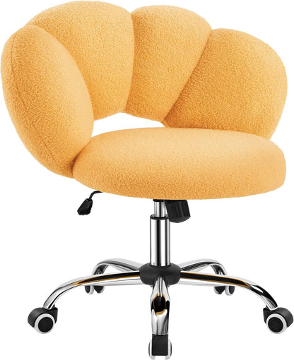 Boucle Upholstered Desk Chair Cloud-Shaped Vanity Chair Adjustable Home Office Chair Computer Chair with Rolling Wheels for Living Room, Bedroom White