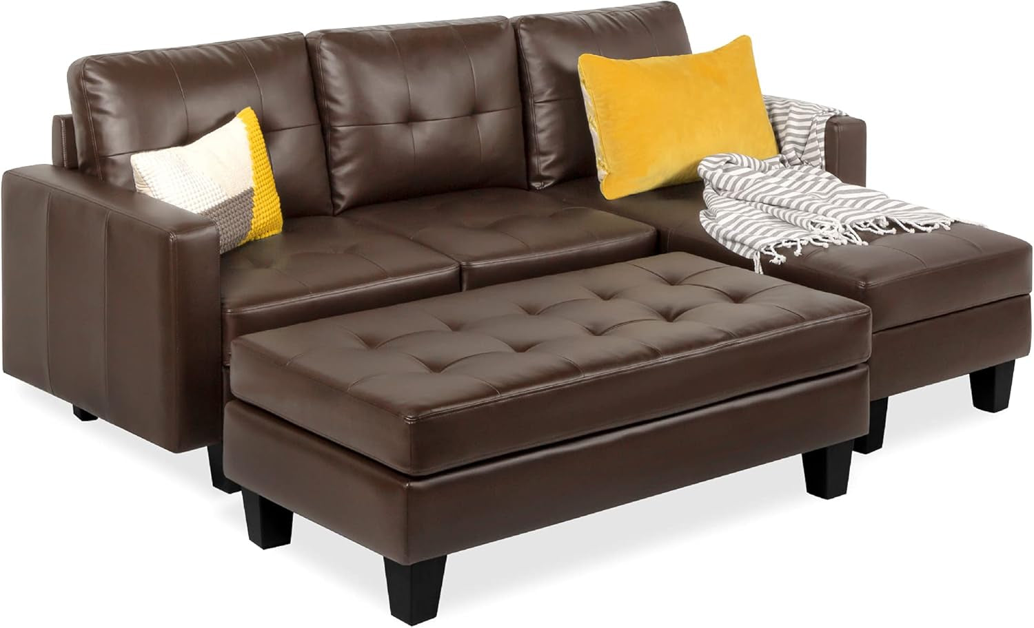 Tufted Faux Leather 3-Seat L-Shape Sectional Sofa Couch Set W/Chaise Lounge, Ottoman Coffee Table Bench, Black