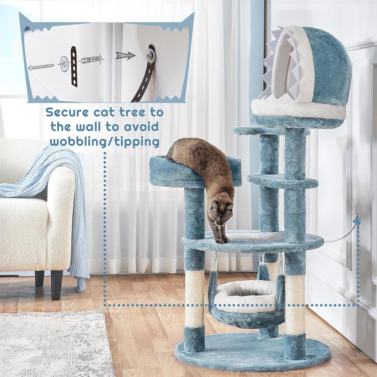 45.5In Ocean-Themed Cat Tree Multi-Level Cat Tower, Plush Cat Furniture with Shark&