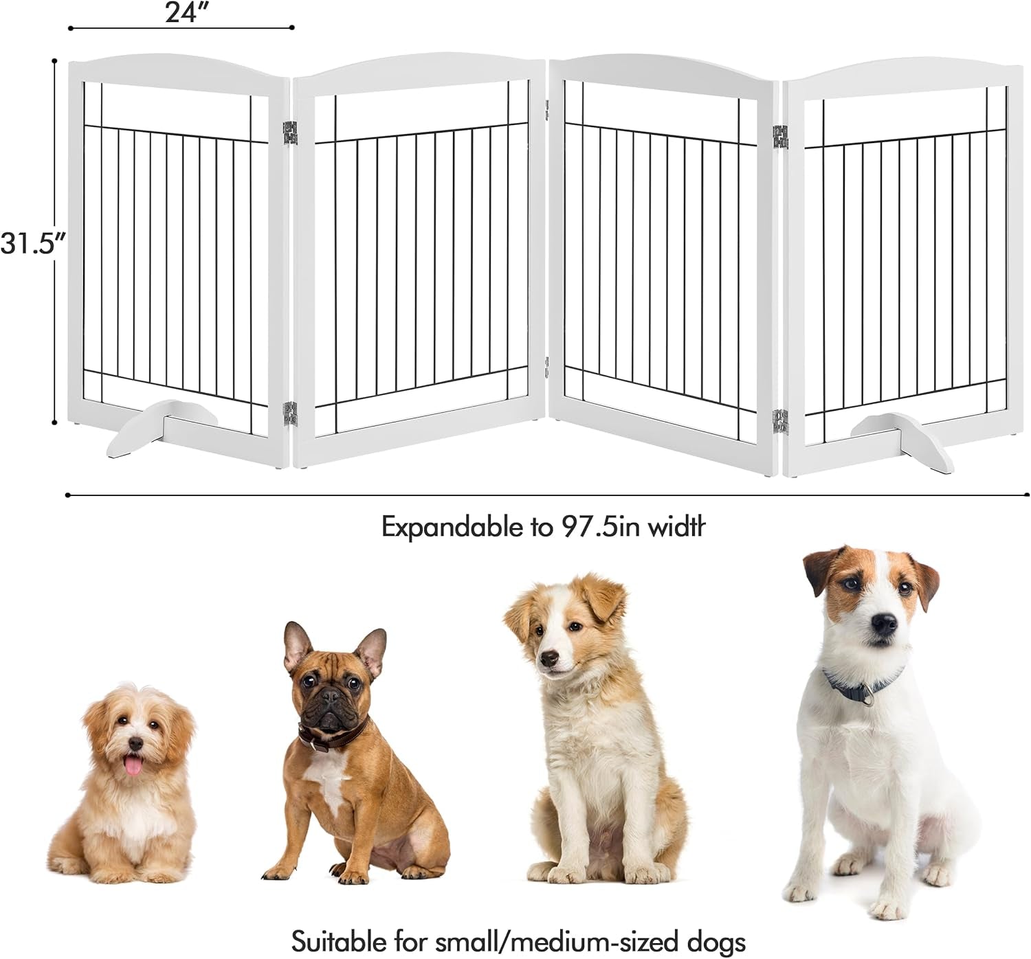 32-Inch Tall Dog Gate Extra Wide Pet Gate for Dogs Indoor Foldable Wire &amp; Wooden Puppy Safety Fence W/2 Support Feet,Freestanding Dog Gate for the House, Doorway, Stairs(White,4 Panels)