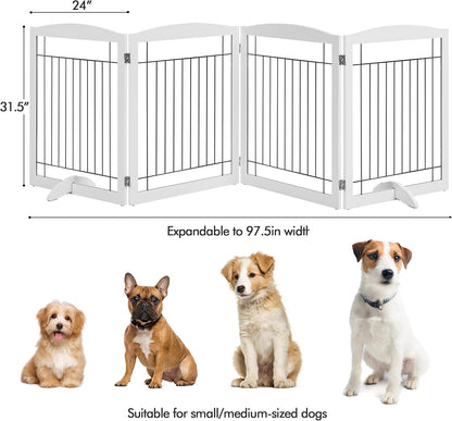 32-Inch Tall Dog Gate Extra Wide Pet Gate for Dogs Indoor Foldable Wire &amp; Wooden Puppy Safety Fence W/2 Support Feet,Freestanding Dog Gate for the House, Doorway, Stairs(White,4 Panels)