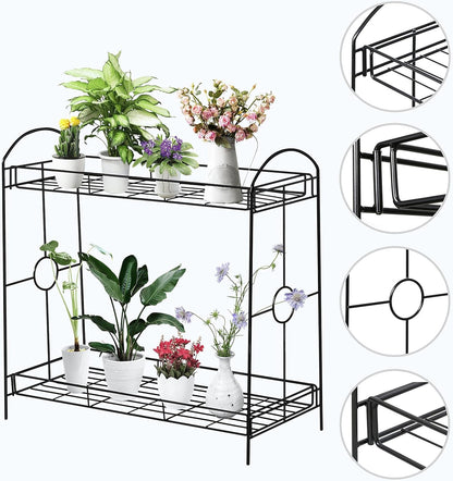 2 Tier Metal Plant Stand for Outdoor/Indoor, Plant Display Rack Flower Pot Stand Shelf for Home Garden Backyard Patio, Home Storage Organizer Rack Black 33.5 X 13.4 X 31.9 Inch