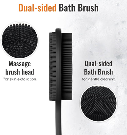 Silicone Back Scrubber for Shower, 17In Lengthen Long Handle Body Brush, Double Sided Shower Brush for Shower Exfoliating and Massage Can Produce Rich Foam, Long Handle Back Scrubber for Men