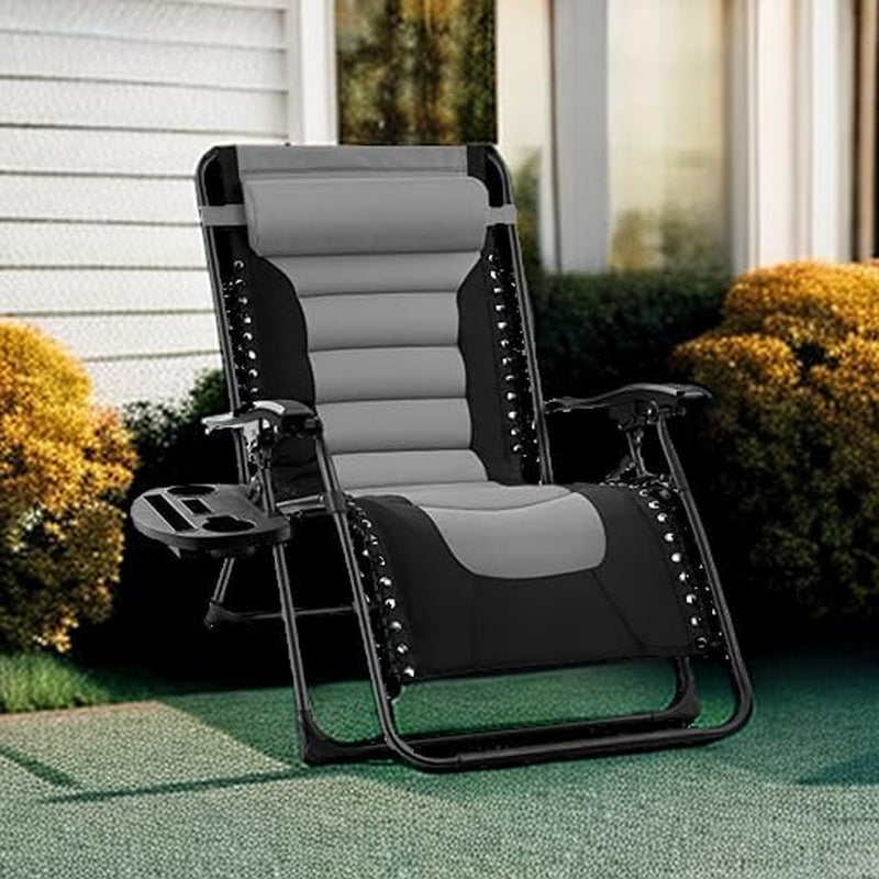 Oversized Padded Zero Gravity Chair, Folding Outdoor Patio Recliner, XL anti Gravity Lounger for Backyard W/Headrest, Cup Holder, Side Tray, Polyester Mesh - Black/Gray