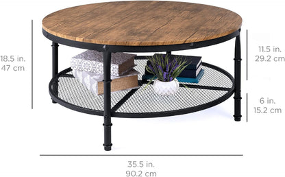 2-Tier 35.5In round Industrial Coffee Table, Rustic Steel Accent Table for Living Room, W/Wooden Tabletop, Reinforced Crossbars, Padded Feet, Open Shelf, Raised Bottom - Brown