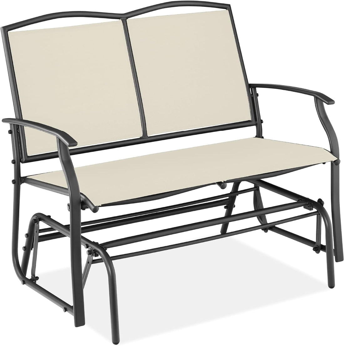 2-Person Outdoor Patio Swing Glider Steel Bench Loveseat Rocker for Deck, Porch W/Textilene Fabric, Steel Frame - Ivory/Gray