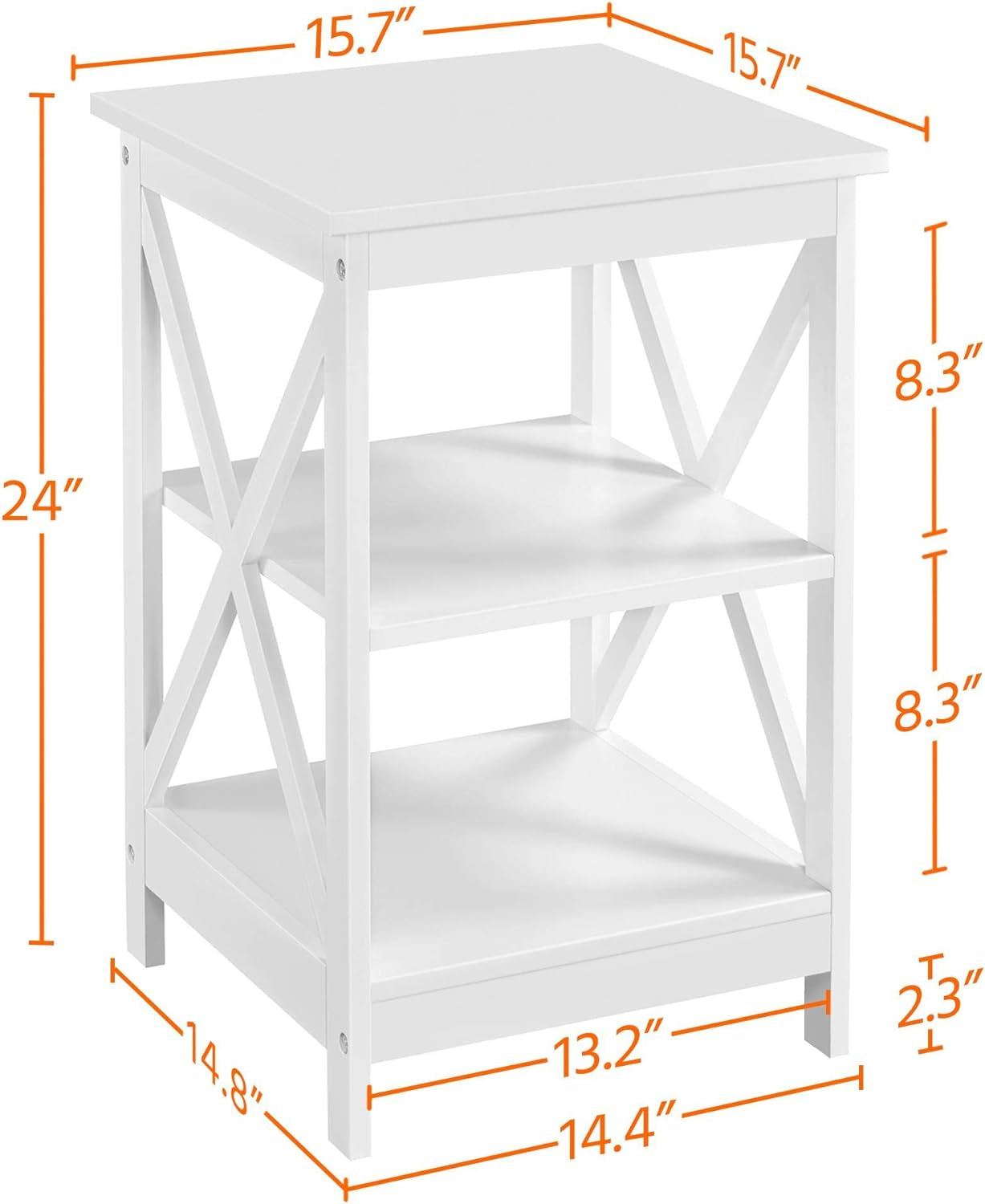 3 Tier Sofa Side End Table with Shelf, X Shaped Sturdy Large Chair Side Snack Table for Living Room, Display Unit Organizer, White, 15.7 X 15.7 X 24’’ (L X W X H)