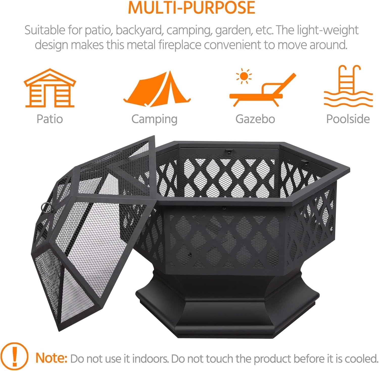 Fire Pit Fire Pits for outside 24In Hex Shaped Firepit Bowl with Spark Screen &amp; Poker for Patio Backyard Garden Picnic Bonfire Camping