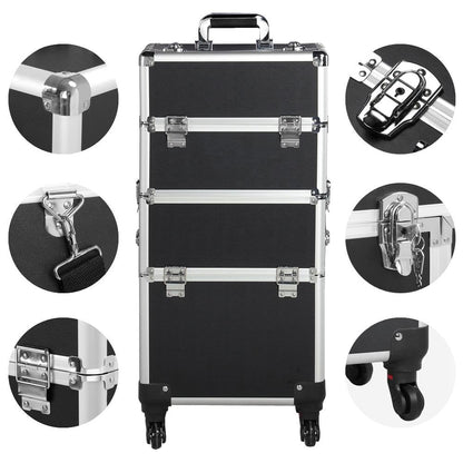 Rolling Makeup Train Case 3 in 1 Cosmetic Makeup Case Large Aluminum Trolley Makeup Travel Case Professional Rolling Cosmetic Beauty Storage, with 360° Swivel Wheels, Black