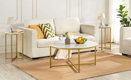 Faux Marble Side Table, 16In End Table Modern Accent Sofa Table W/X-Based, round Tabletop, Sturdy Metal Legs for Living Room, Mustard Gold