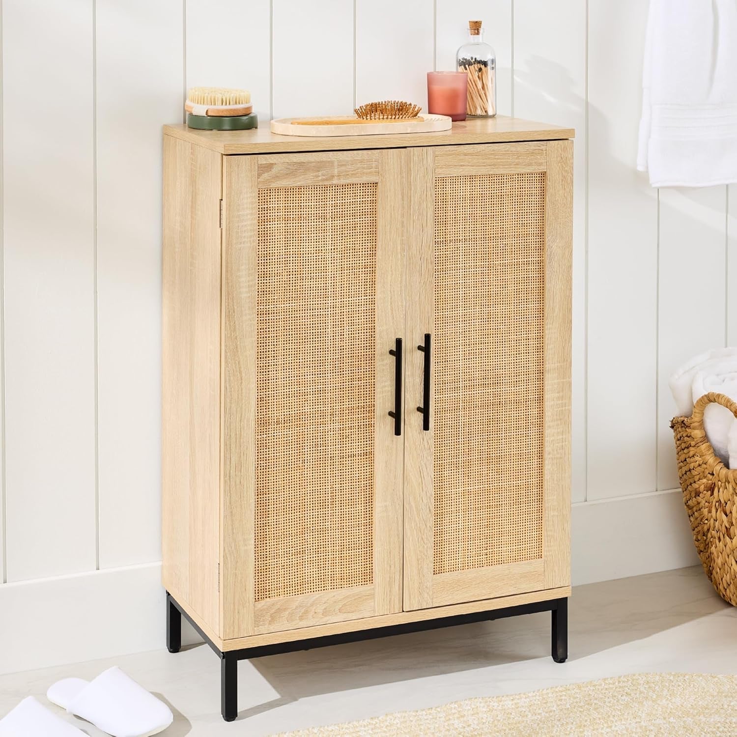 2-Door Natural Rattan 34 X 24In Multiuse Storage Cabinet for Bathroom, Living, Dining Room, Entryway W/Adjustable Shelves